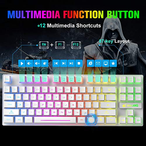 ZIYOU LANG Wireless Gaming Keyboard Mouse and Wired Headphone with Ergonomic 87Key Rainbow Backlight Rechargeable 3800mAh Battery Mechanical Anti-ghosting Mouse pad for PC Laptop Gamer Typist(White)