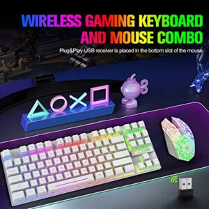 ZIYOU LANG Wireless Gaming Keyboard Mouse and Wired Headphone with Ergonomic 87Key Rainbow Backlight Rechargeable 3800mAh Battery Mechanical Anti-ghosting Mouse pad for PC Laptop Gamer Typist(White)