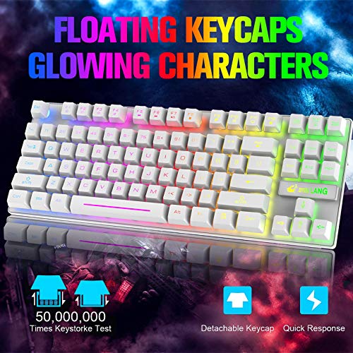 ZIYOU LANG Wireless Gaming Keyboard Mouse and Wired Headphone with Ergonomic 87Key Rainbow Backlight Rechargeable 3800mAh Battery Mechanical Anti-ghosting Mouse pad for PC Laptop Gamer Typist(White)