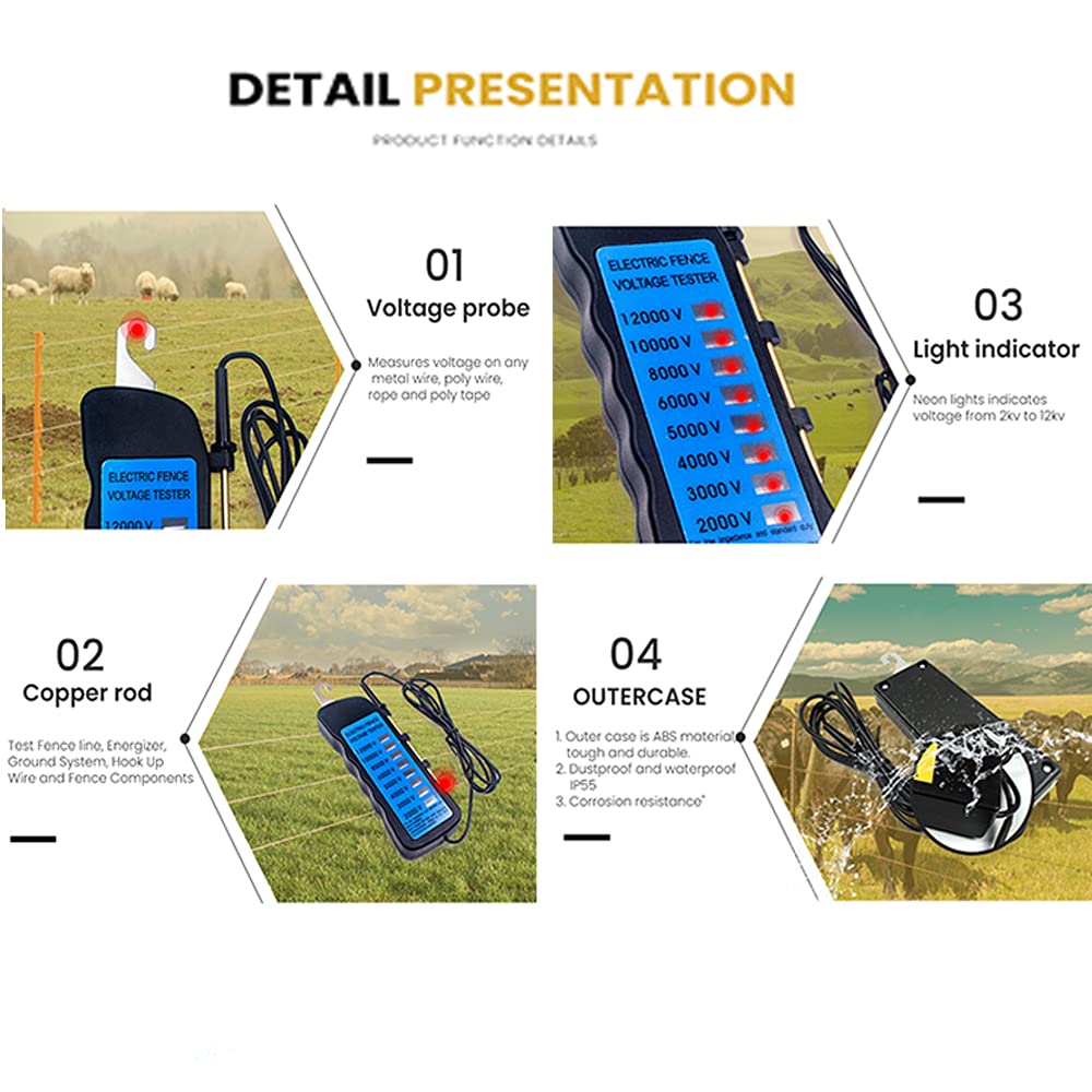 Electric Fence Voltage Tester, 12KV Fence Tester 8 Neon Indicator Lights/Fence Tester for Farms