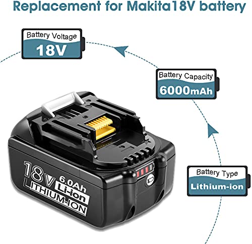 2 Packs 18V 6.0Ah BL1860B Battery Replacement for Makita 18v Battery Lithium BL1815 BL1820 BL1830 BL1840 BL1850 LXT-400 Cordless Power Tools Batteries with LED Indicator