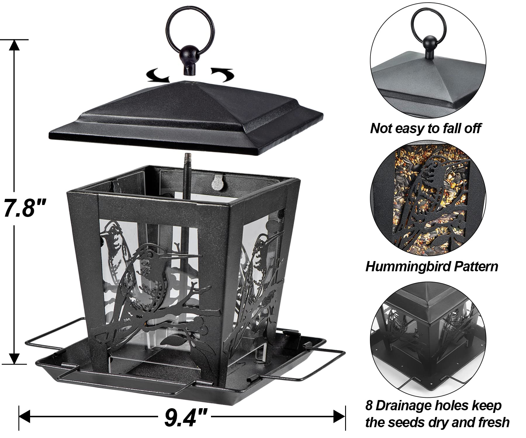 Birdream Bird Feeders for Outside Hanging Metal Bird Feeder with Unique Hummingbird Pattern Square Shape Birdfeeders Attracting Wild Birds for Outdoors Garden Yard