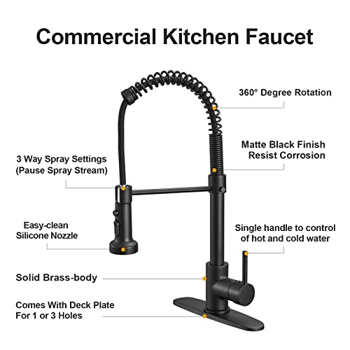 BESy Kitchen Faucet with Pull Out Pull Down Sprayer, Rv Brass High-Arc Single Handle Single Lever Spring Kitchen Sink Faucet, 3 Function Laundry Faucet, Matte Black Finish