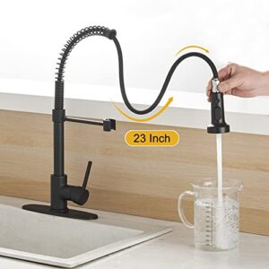 BESy Kitchen Faucet with Pull Out Pull Down Sprayer, Rv Brass High-Arc Single Handle Single Lever Spring Kitchen Sink Faucet, 3 Function Laundry Faucet, Matte Black Finish