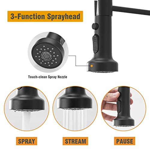 BESy Kitchen Faucet with Pull Out Pull Down Sprayer, Rv Brass High-Arc Single Handle Single Lever Spring Kitchen Sink Faucet, 3 Function Laundry Faucet, Matte Black Finish