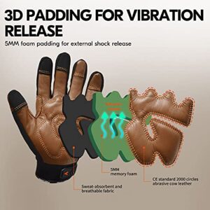 Vgo... 1-Pair Safety Leather Work Gloves, Mechanics Gloves, Anti-Vibration Gloves,Water Resistant, Medium Duty (Size L, Brown, CA9765WP)