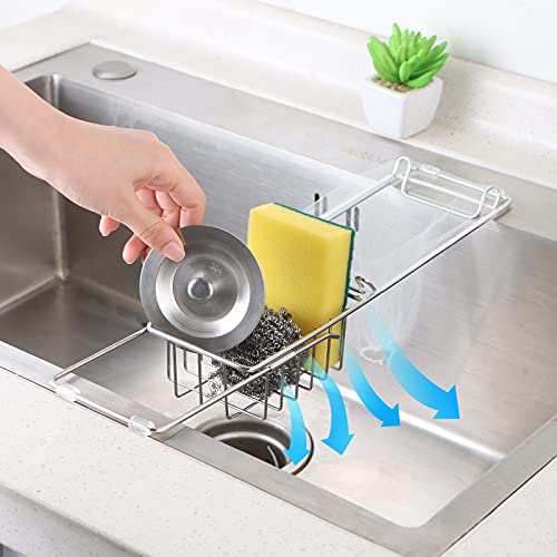 HLWDFLZ Kitchen Sink Strainer Basket - Stainless Steel Expandable Sponge Holder for Kitchen Sink Food Strainer and Sink Accessories Storage Rack