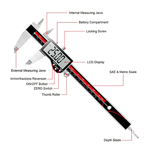 Digital Caliper Electronic Caliper Measuring Tool Precision Digital Vernier Caliper Inch/Millimeter/Fraction Measurement Micrometer for Jewelry - Metal Metric Measure Caliper for Engineer Carpenter