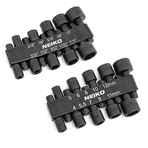 NEIKO 10068A Nut Driver Set, For Impact Drill and Driver, 20 Piece, 1/4” Hex Small Nut Driver Bit Set, Metric and Standard, 4-12 mm & 5/32”-1/2”, CR-V Steel, Nutsetter Driver Bits