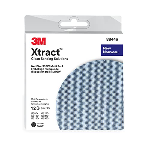 3M Xtract Net Disc 310W, 5 in, 12 Piece Multi-Pack Hook and Loop Sanding Disc, 80+, 120+, 180+, 220+, 240+, 320+, Virtually Dust-Free, Assorted Grades, 88446