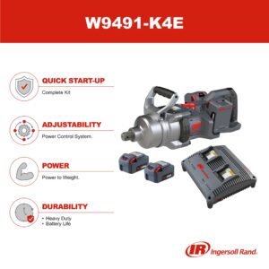 Ingersoll Rand W9491-K4E - 20V High-torque 1" Drive Cordless Impact Wrench Kit, 2600 ft-lbs Nut-busting Torque, 4 Batteries and Charger, Standard Anvil