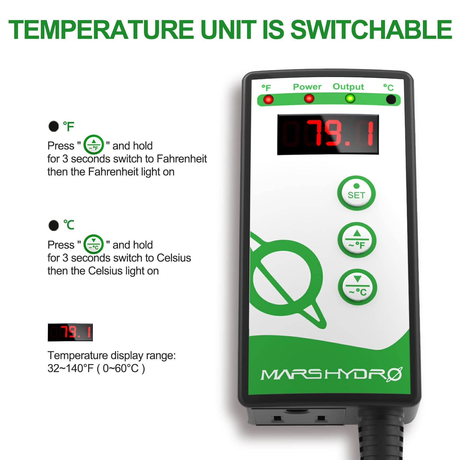 MARS HYDRO Digital Heat Mat Thermostat for Reptiles Temp Controller Sensitive Switch Set to 40~108 °F for Facilitate Germination, Rooting Rate Black