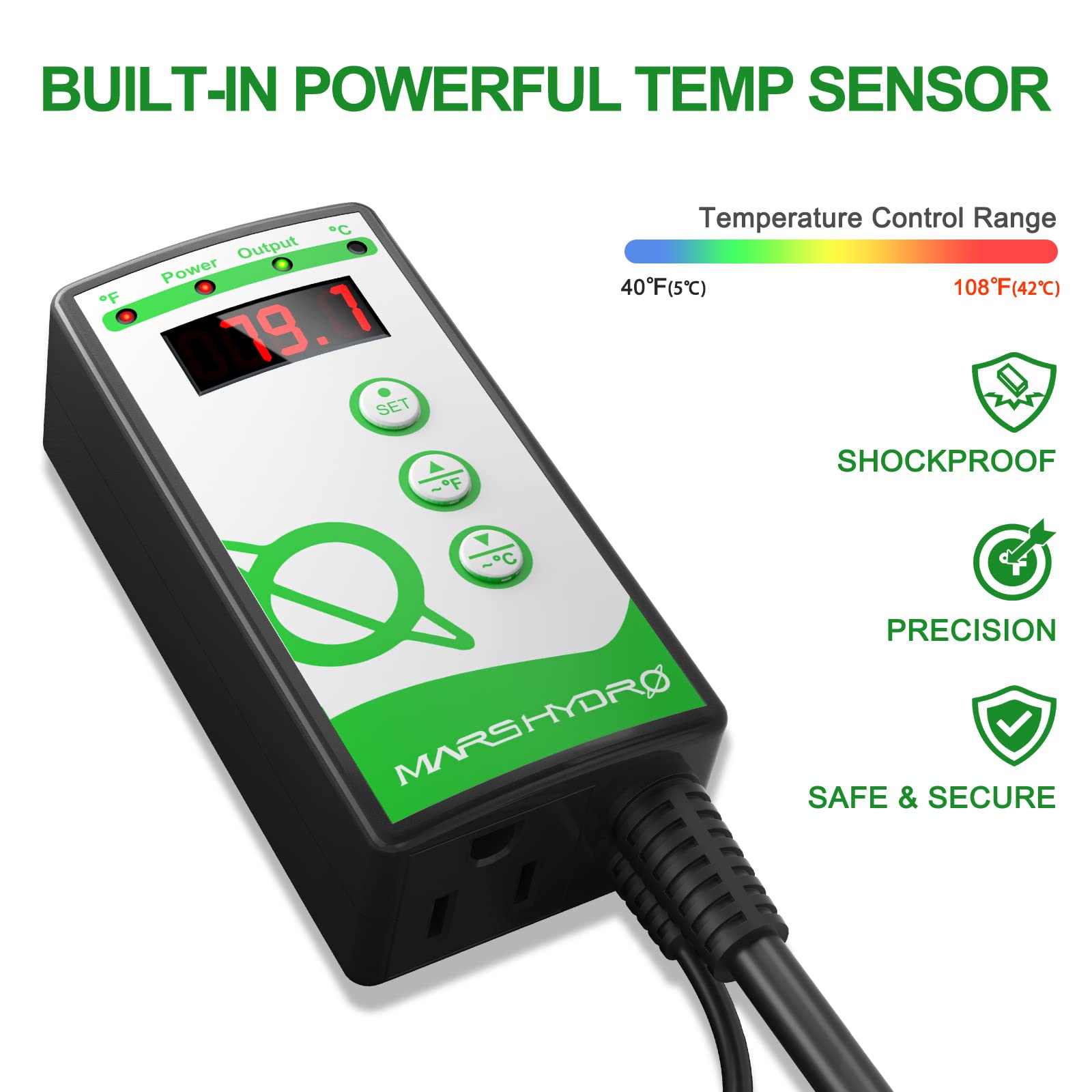 MARS HYDRO Digital Heat Mat Thermostat for Reptiles Temp Controller Sensitive Switch Set to 40~108 °F for Facilitate Germination, Rooting Rate Black