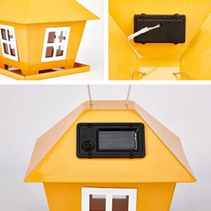 JUYUAN Solar Bird Feeder Yellow House Hanging Outdoor for Cardinal, Metal Rain Proof for Wild Bird, Small Cute Home Design and Lights up Automatically at Night, Decorative Gifts (Yellow)