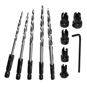 wood countersink drill bit, 11 pc wood drill bit #4, 6, 8, 10, 12, tapered drill bits with 1/4" hex shank, chamfered adjustable counter sinker drill bit set for woodworking