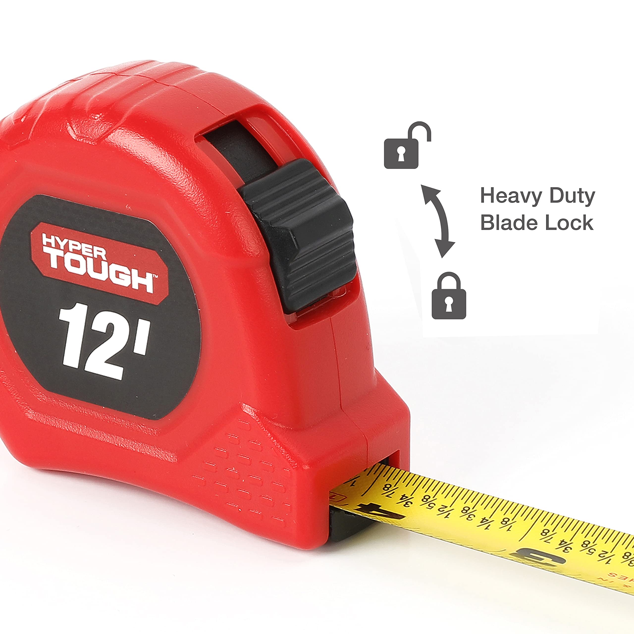 Hyper Tough 12' Tape Measure Nylon-Coated Blade | Belt Clip | Fractional Read