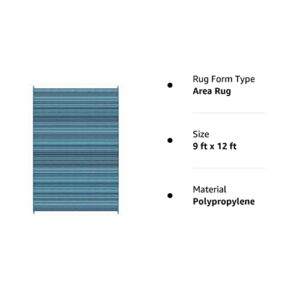 FH Home Outdoor Camping Rug - Waterproof, Fade Resistant, Reversible - Premium Recycled Plastic - Striped - Large Patio, Deck, Sunroom, RV - Havana - Turquoise - 9 x 12 ft Foldable