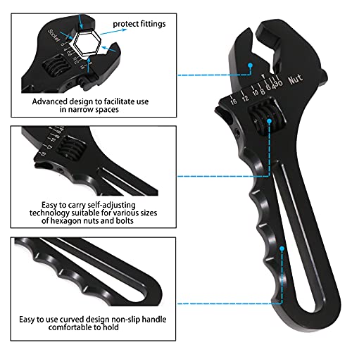 Dokili 3AN-16AN Adjustable Fitting Wrench Lightweight Black Aluminum Tool Spanner for An Hose Fitting Adapters End