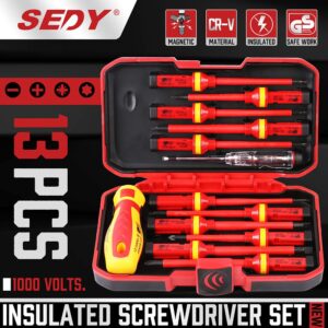 1000V Insulated Electrician Screwdriver Set - 13-Piece Professional Electrical Screwdriver Set Insulation Handle CRV Steel Magnetic Phillips Slotted Pozi Torx Tips VDE & GS Certified