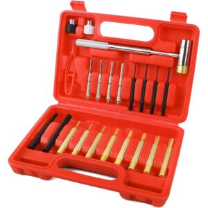 sedy 22-pieces roll pin punch set, roll pin starter punch, brass, steel, plastic punches, 4 heads hammer & 1 plastic tweezers. red storage carring case provided