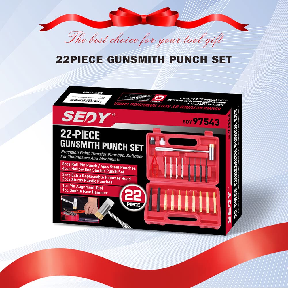SEDY 22-Pieces Roll Pin Punch Set, Roll Pin Starter Punch, Brass, Steel, Plastic Punches, 4 Heads Hammer & 1 Plastic Tweezers. Red Storage Carring Case provided