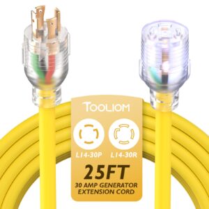 tooliom l14-30p/l14-30r generator extension cord with ul listed 25 feet with red light heavy duty generator power cord 30a 125/250v generators extension