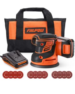 fiilpow cordless random orbital sander, 20v brushless sander with 2.0ah 20v battery, micro-filter cyclonic dust box, 12 sandpaper, carrying bag, ideal second sander, more efficient & convenience