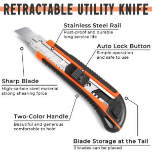 TIFICAL 3-Pack Box Cutter Utility Knife, Box Cutter Retractable Ultra Sharp Blade and Anti-Slip Rubber Handle, Box Cutter Knife Exacto Knife for Cutting Leather, Rubber, Cartons, Box Cutters