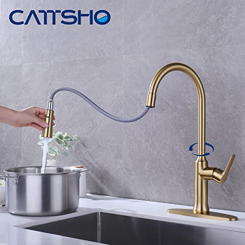 CATTSHO Kitchen Faucet with Pull Down Sprayer, Brass Kitchen Sink Faucet Gold Single Handle High Arc Commercial Spot Resist