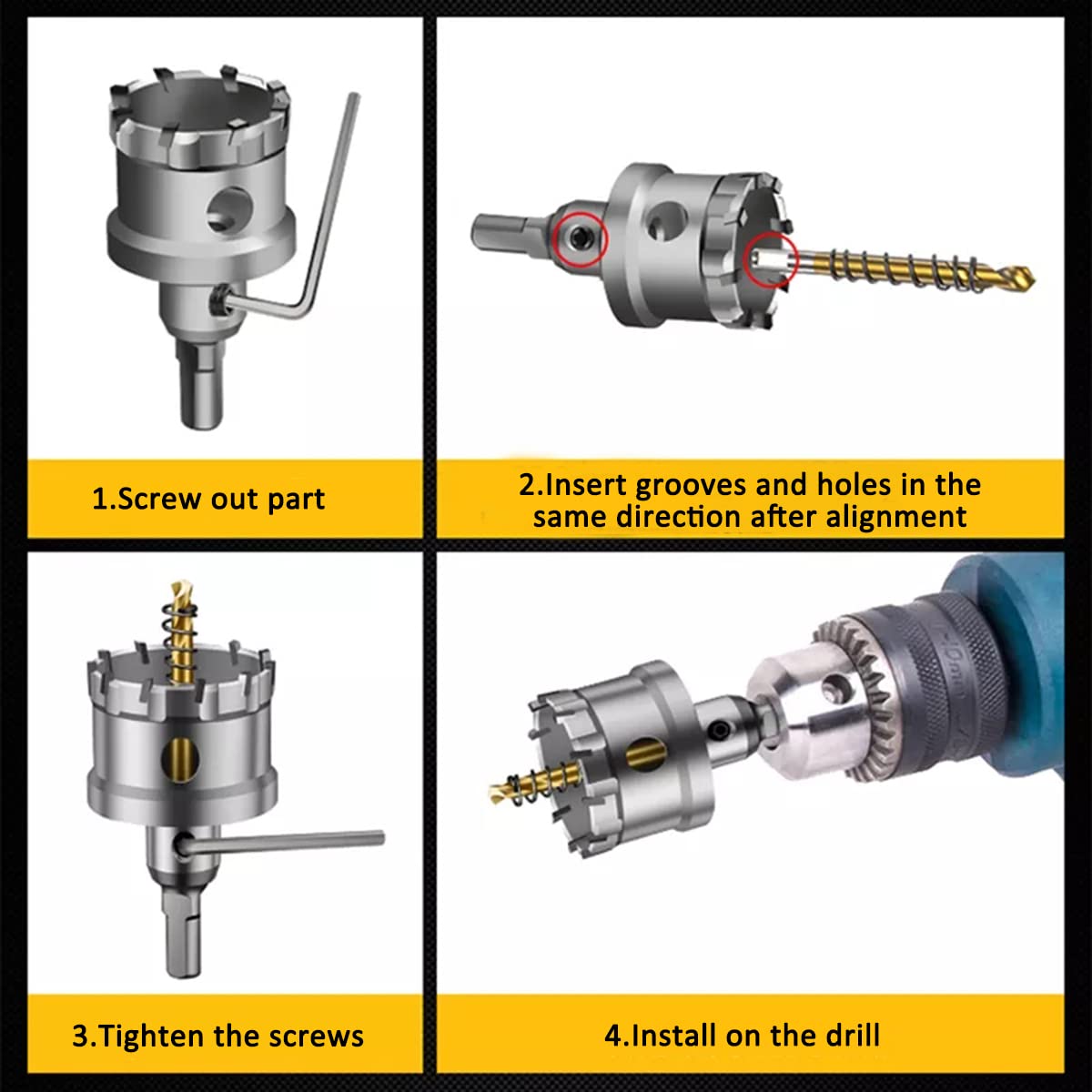 REETAI-FOUR 10Pcs TCT Hole Saw Kit,Tungsten Carbide Tipped Hole Saw Set, Hole Cutter Heavy Duty for Stainless Steel.(5/8"-2-1/8”).