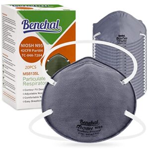 benehal niosh certified n95 mask pack of 20, particulate respirators protective n95 cup dust face masks model ms6135l grey for adult women & men