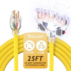 tooliom generator extension power cord 25 feet nema l14-30p to four 5-20r/5-15r 30a 125/250 volt 7500 watts 4 prong 10 gauge fan-style generator cable with protector breaker