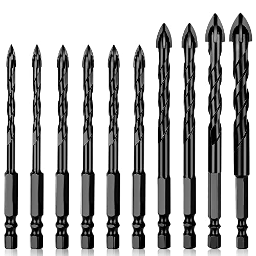 10PCS Masonry Drill Bit Set, 3/16”-1/2” Concrete Drill Bits for Tile Brick Glass Plastic, Tungsten Carbide Tip Drill Bit Work with Wood, Ceramic Tile, Wall Mirror, 1/4" Hex Shank, Black