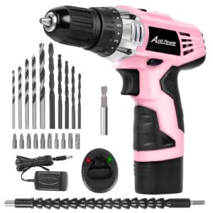avid power cordless drill pink, 12v power drill set with 22pcs impact driver/drill bits, 2 variable speed, 3/8'' keyless chuck, 15+1 torque setting (pink)