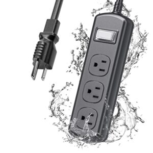 outdoor power strip weatherproof, 6 ft extension cord, waterproof surge protector with 3 wide outlets, 1875w overload protection, shockproof outlet extender for kitchen patio christmas lights, black