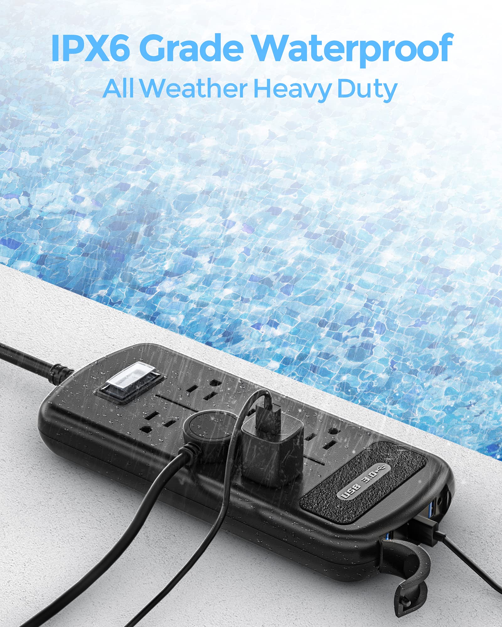 USB Outdoor Power Strip Weatherproof, Waterproof Surge Protector with 3 USB Ports and 6 Outlets, 6 FT Extension Cord, Shockproof Overload Protection, Mountable for Home Office Patio Porch