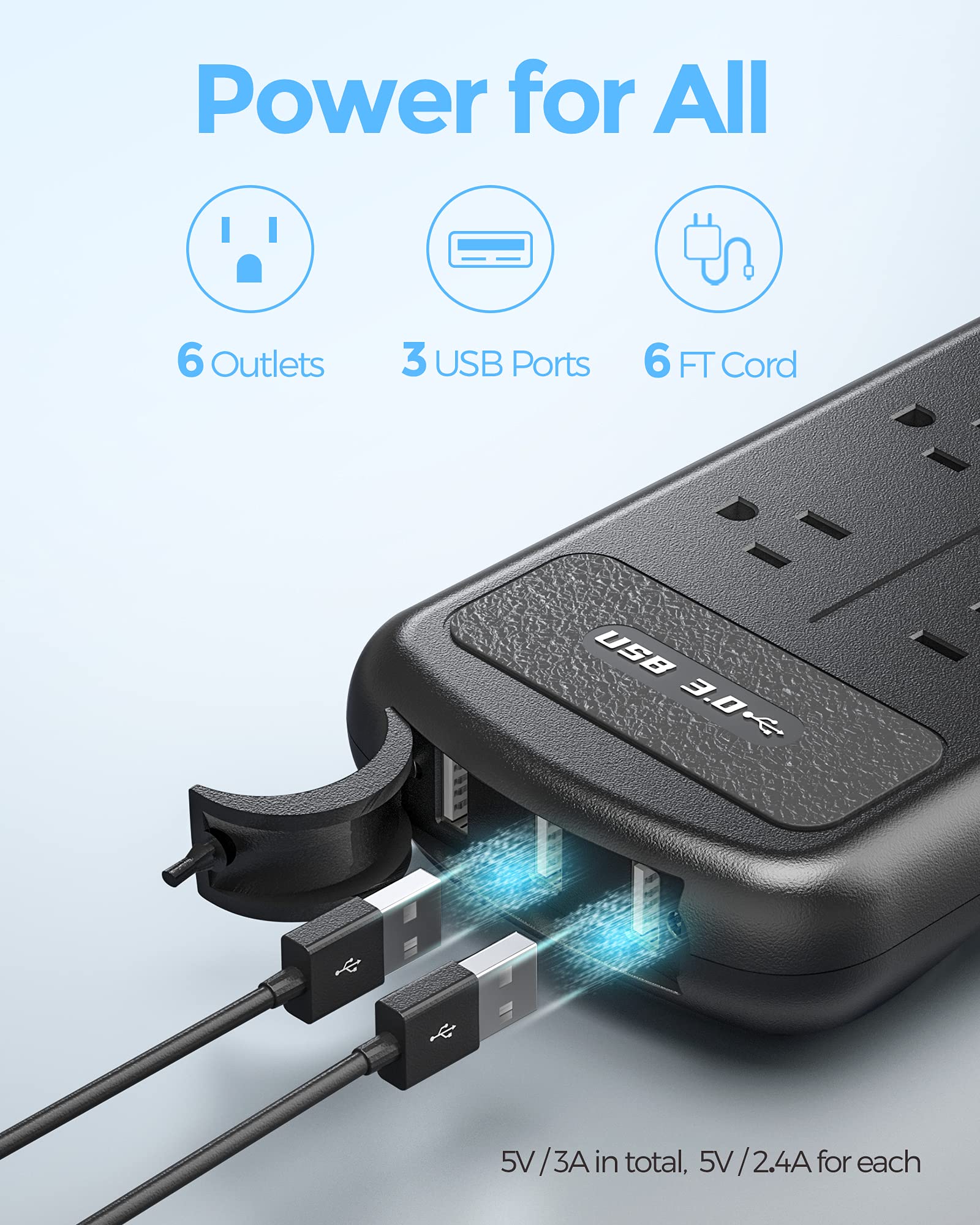 USB Outdoor Power Strip Weatherproof, Waterproof Surge Protector with 3 USB Ports and 6 Outlets, 6 FT Extension Cord, Shockproof Overload Protection, Mountable for Home Office Patio Porch