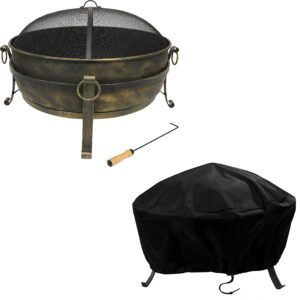 sunnydaze 34" cauldron outdoor fire pit with round spark screen, fireplace poker, and metal grate and black 300d polyester and pvc 36" diameter outdoor round fire pit cover bundle