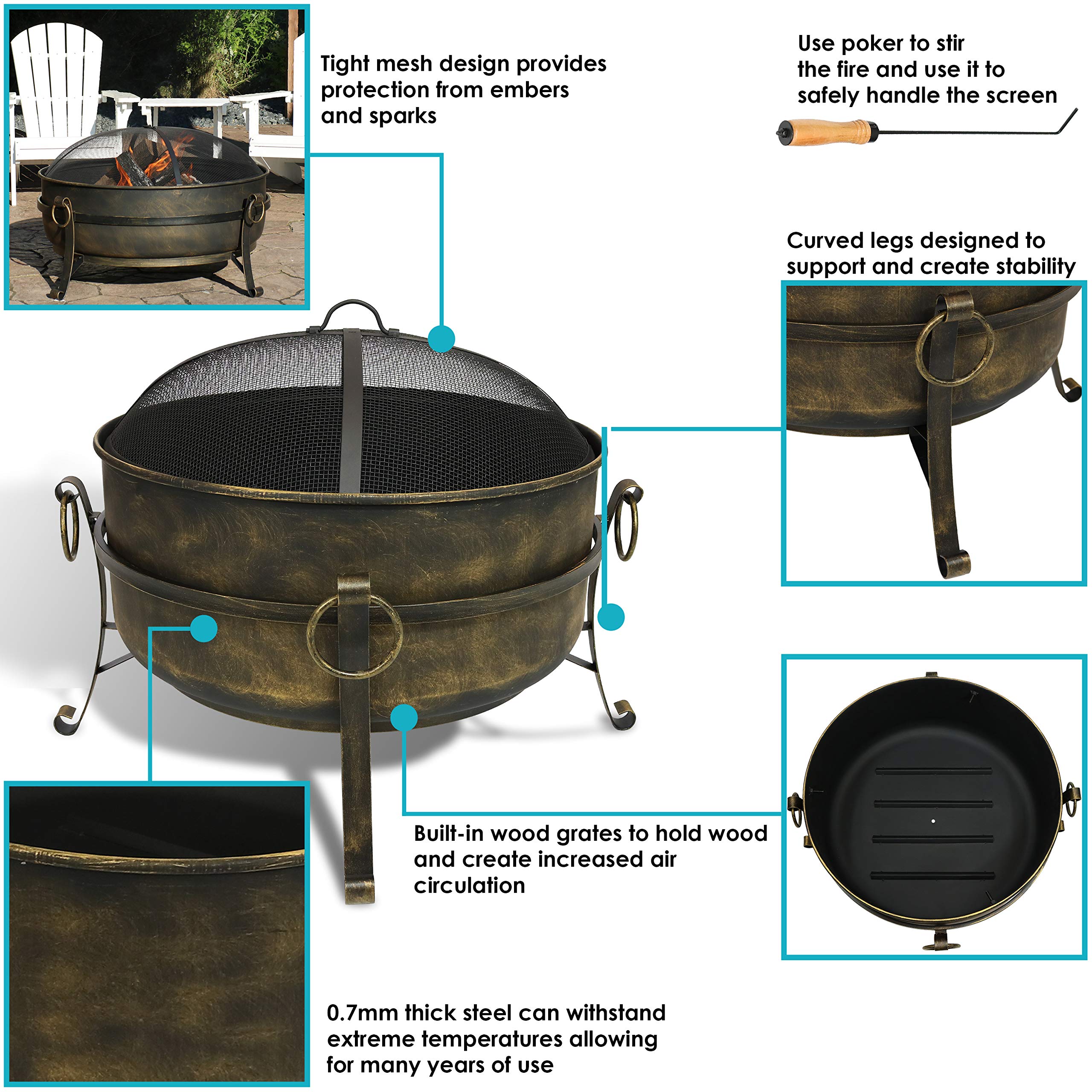 Sunnydaze 34" Cauldron Outdoor Fire Pit with Round Spark Screen, Fireplace Poker, and Metal Grate and Black 300D Polyester and PVC 36" Diameter Outdoor Round Fire Pit Cover Bundle