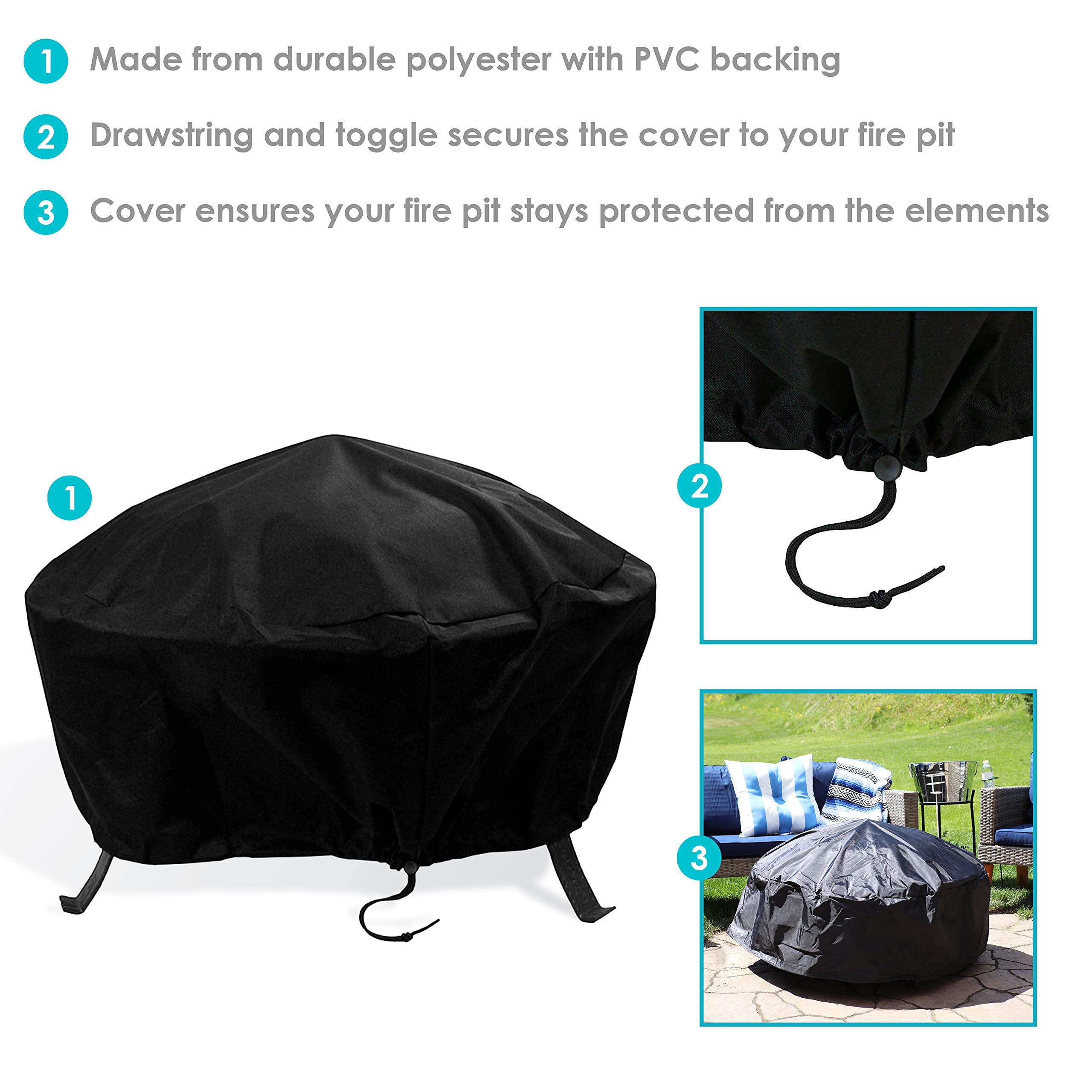 Sunnydaze 34" Cauldron Outdoor Fire Pit with Round Spark Screen, Fireplace Poker, and Metal Grate and Black 300D Polyester and PVC 36" Diameter Outdoor Round Fire Pit Cover Bundle