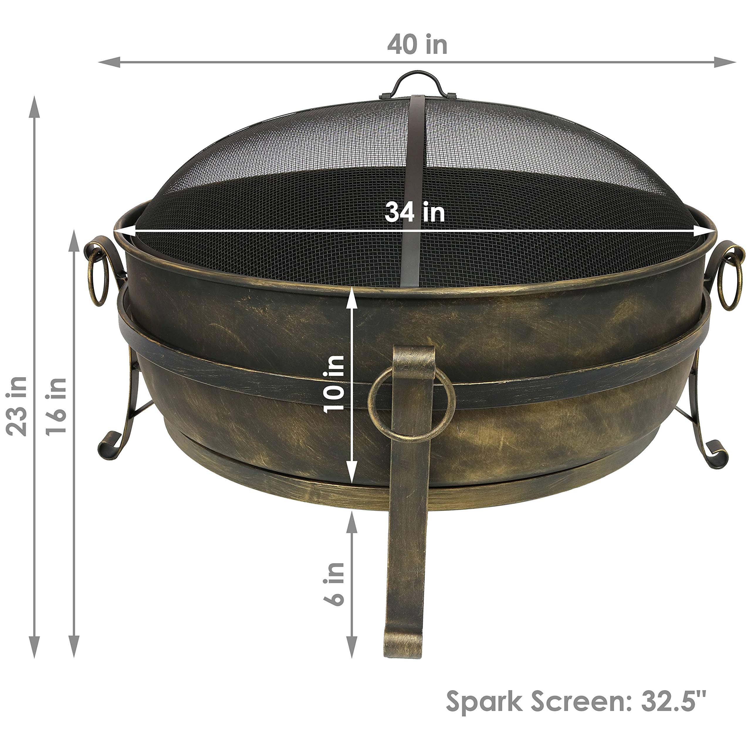 Sunnydaze 34" Cauldron Outdoor Fire Pit with Round Spark Screen, Fireplace Poker, and Metal Grate and Black 300D Polyester and PVC 36" Diameter Outdoor Round Fire Pit Cover Bundle