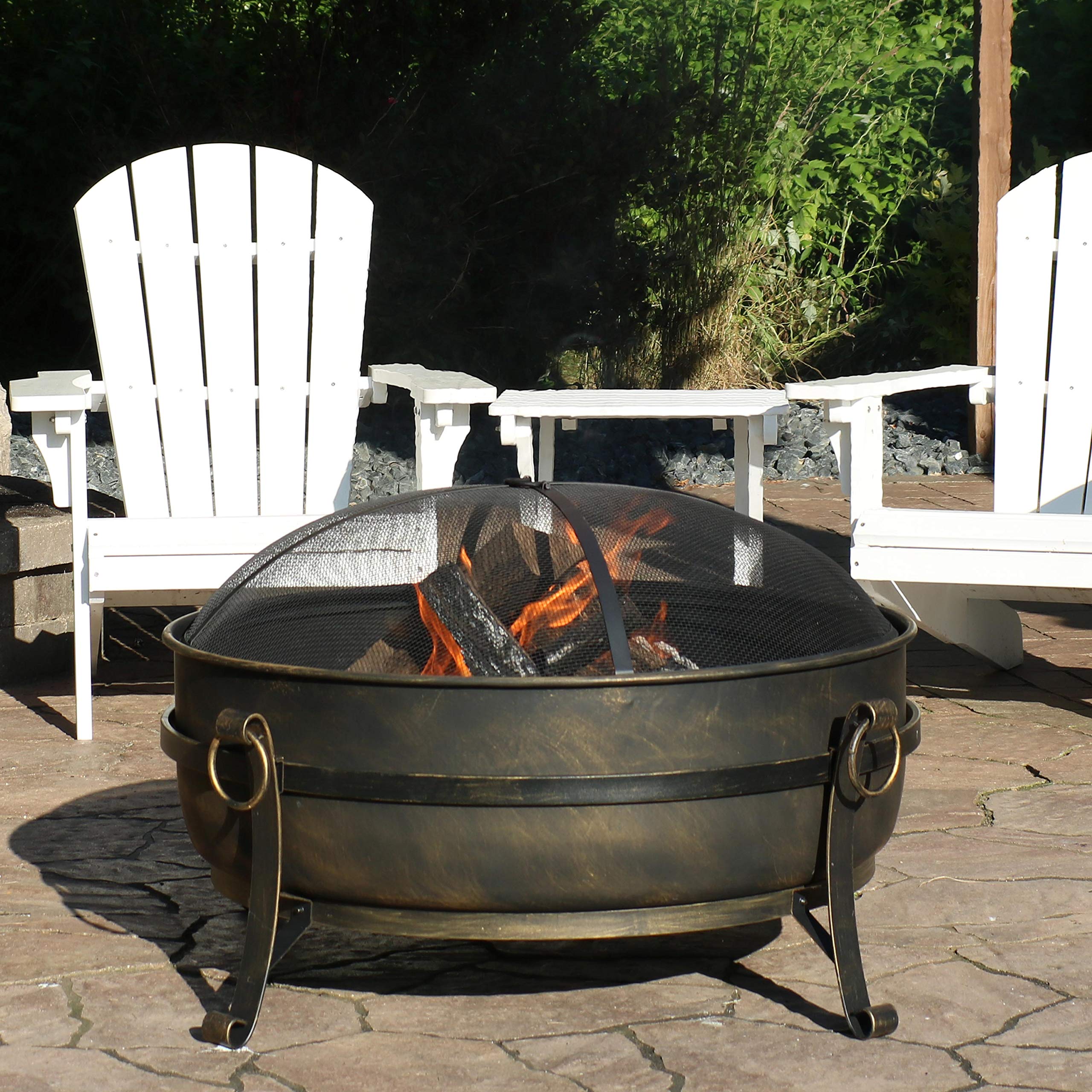 Sunnydaze 34" Cauldron Outdoor Fire Pit with Round Spark Screen, Fireplace Poker, and Metal Grate and Black 300D Polyester and PVC 36" Diameter Outdoor Round Fire Pit Cover Bundle