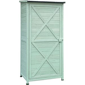 hanover vertical green wooden shed with shelves and sloped waterproof roof with 7-cu.ft storage space (1.7'x2.25'x4.7'), outdoor storage unit for organizing garden supplies, patio accessories & tools