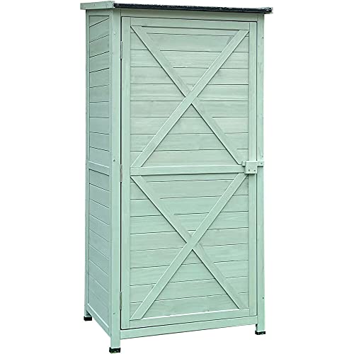 Hanover Vertical Green Wooden Shed with Shelves and Sloped Waterproof Roof with 7-Cu.Ft Storage Space (1.7'x2.25'x4.7'), Outdoor Storage Unit for Organizing Garden Supplies, Patio Accessories & Tools