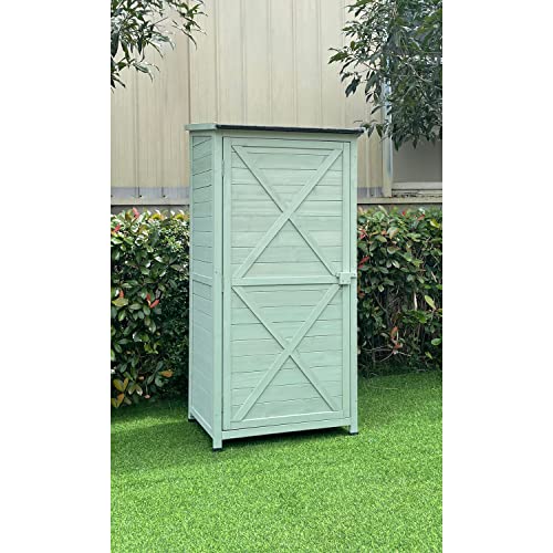 Hanover Vertical Green Wooden Shed with Shelves and Sloped Waterproof Roof with 7-Cu.Ft Storage Space (1.7'x2.25'x4.7'), Outdoor Storage Unit for Organizing Garden Supplies, Patio Accessories & Tools