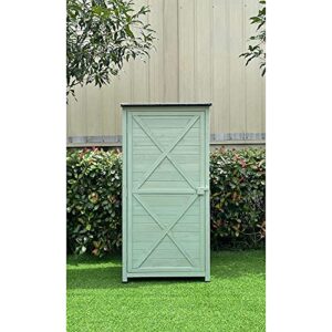 Hanover Vertical Green Wooden Shed with Shelves and Sloped Waterproof Roof with 7-Cu.Ft Storage Space (1.7'x2.25'x4.7'), Outdoor Storage Unit for Organizing Garden Supplies, Patio Accessories & Tools