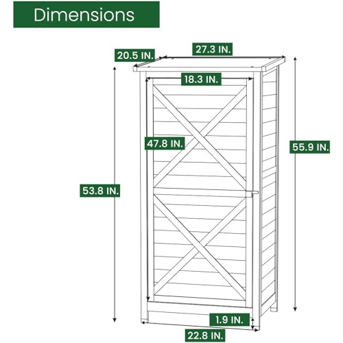 Hanover Vertical Green Wooden Shed with Shelves and Sloped Waterproof Roof with 7-Cu.Ft Storage Space (1.7'x2.25'x4.7'), Outdoor Storage Unit for Organizing Garden Supplies, Patio Accessories & Tools