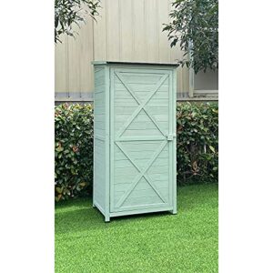 Hanover Vertical Green Wooden Shed with Shelves and Sloped Waterproof Roof with 7-Cu.Ft Storage Space (1.7'x2.25'x4.7'), Outdoor Storage Unit for Organizing Garden Supplies, Patio Accessories & Tools