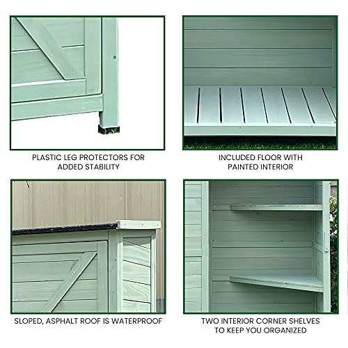 Hanover Vertical Green Wooden Shed with Shelves and Sloped Waterproof Roof with 7-Cu.Ft Storage Space (1.7'x2.25'x4.7'), Outdoor Storage Unit for Organizing Garden Supplies, Patio Accessories & Tools