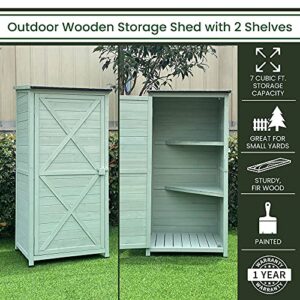 Hanover Vertical Green Wooden Shed with Shelves and Sloped Waterproof Roof with 7-Cu.Ft Storage Space (1.7'x2.25'x4.7'), Outdoor Storage Unit for Organizing Garden Supplies, Patio Accessories & Tools